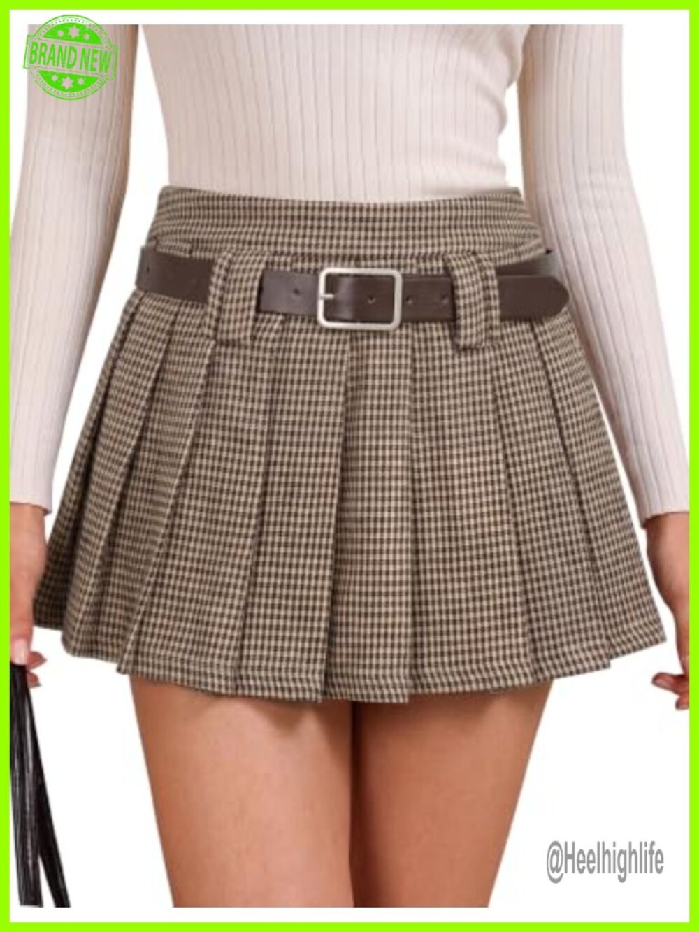 Womens High Waisted Pleated Mini Skirt A-Line Belted Casual